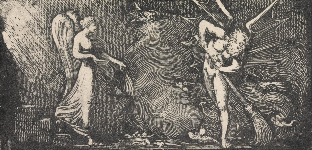 De man die de kamer van de tolk veegt door William Blake