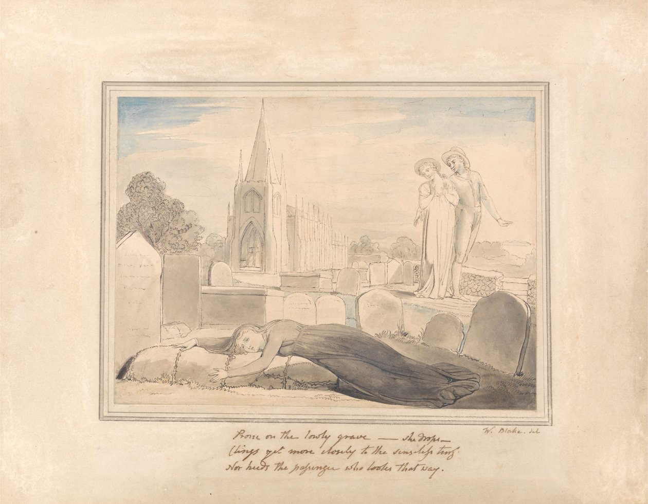 De weduwe omhelst het graf van haar echtgenoot door William Blake