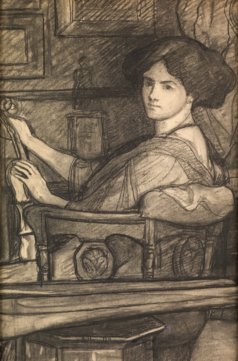 Lena, de dochter van de kunstenaar, met een viool (houtskool) door William Blake Richmond