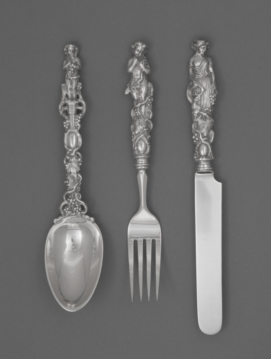 Set van kinderbestek (mes, vork en lepel), ca. 1865-1874 door William Bogert