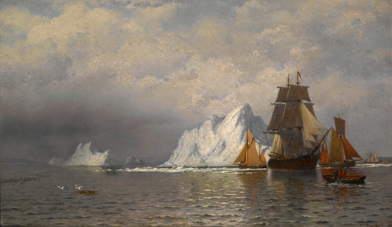 Walvisvaarder en vissersschepen nabij de kust van Labrador door William Bradford