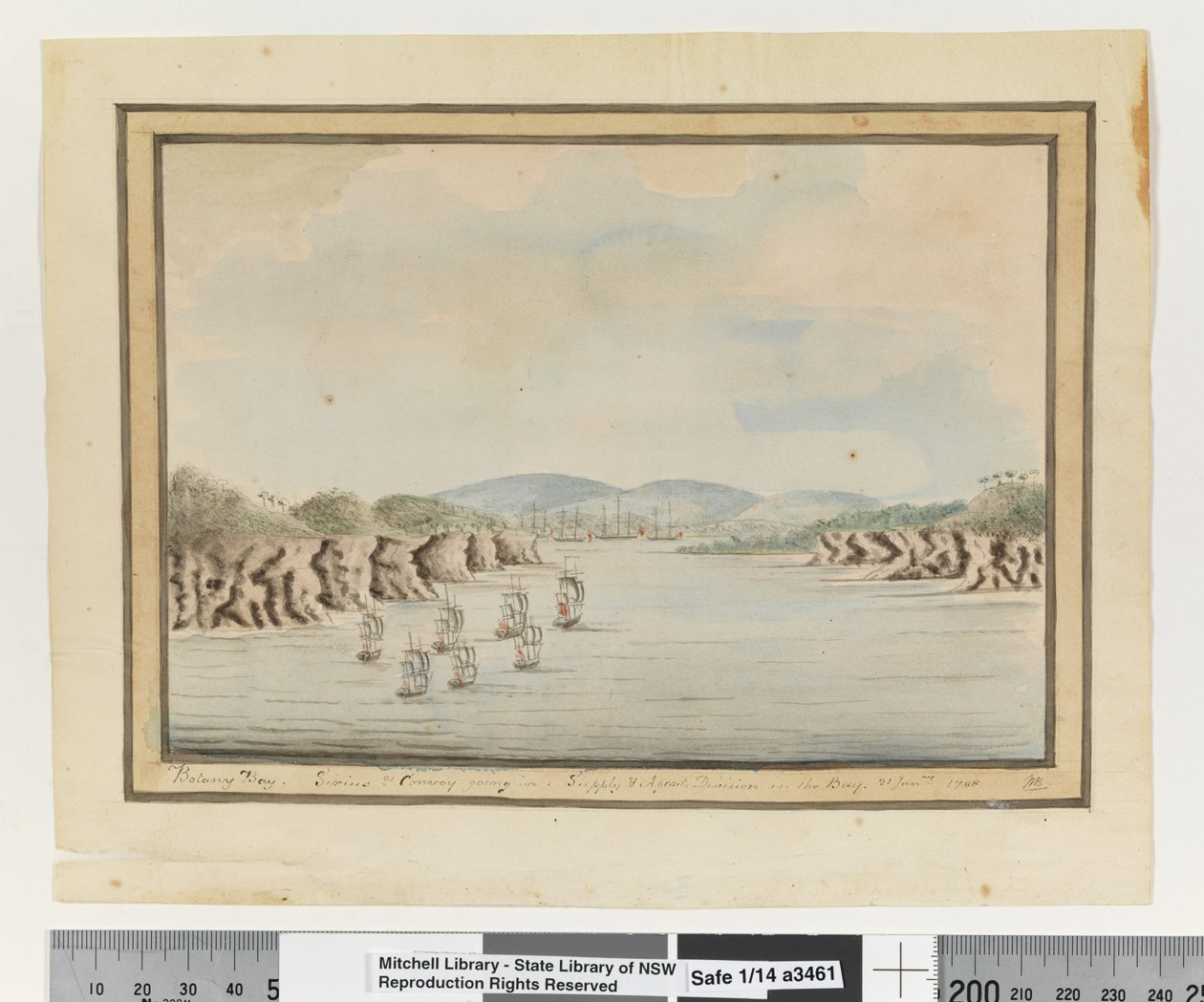 Botany Bay. Sirius & Konvooi gaan binnen: Supply & Agents Divisie in de Baai. 21 Janry 1788 door William Bradley
