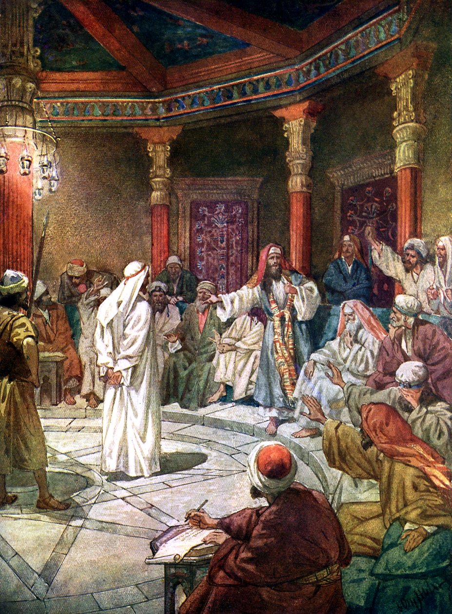 Jezus wordt ondervraagd door de hogepriester Kajafas door William Brassey Hole