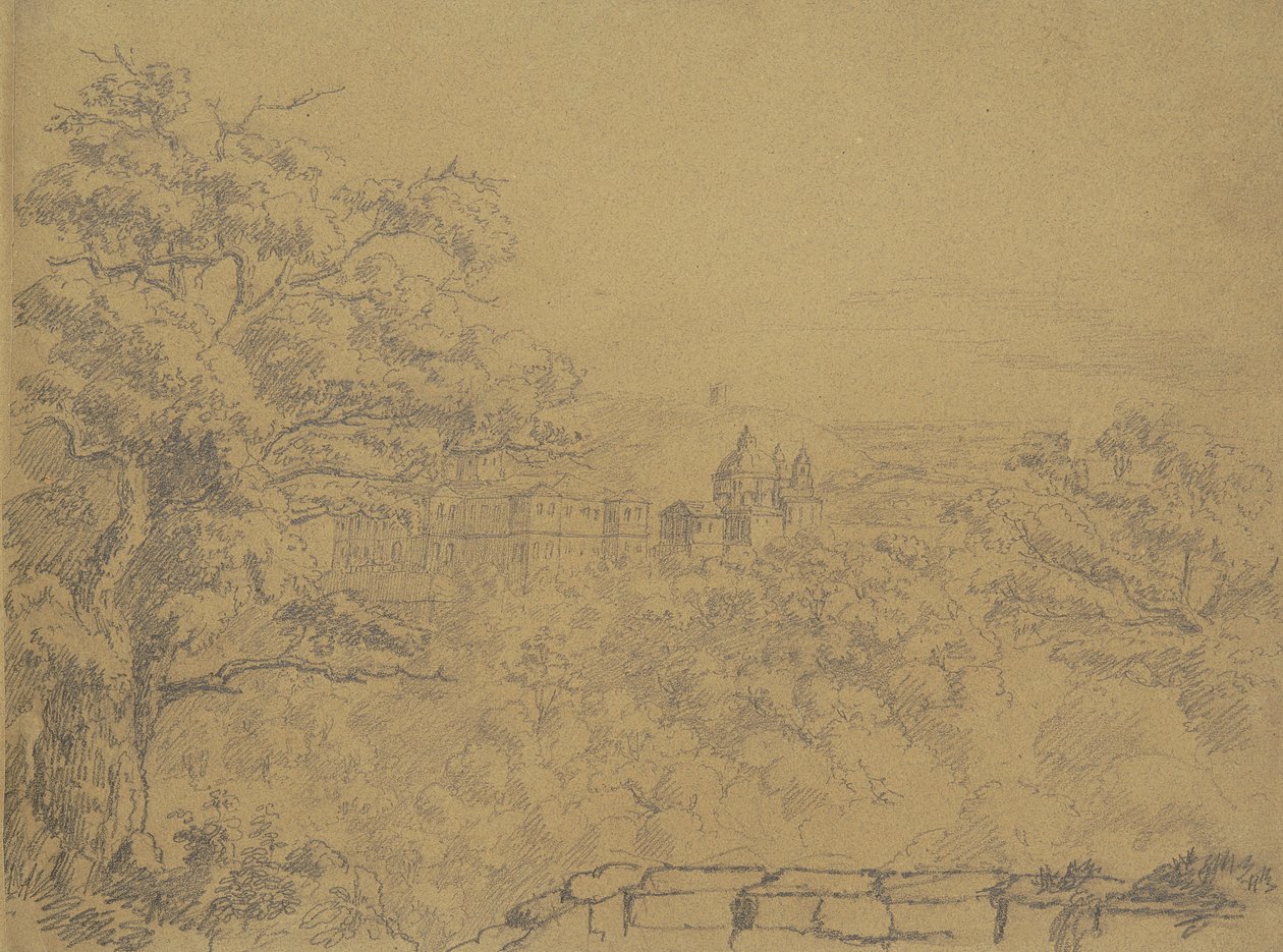 Recto: Landelijk landschap met klooster door William Brockedon
