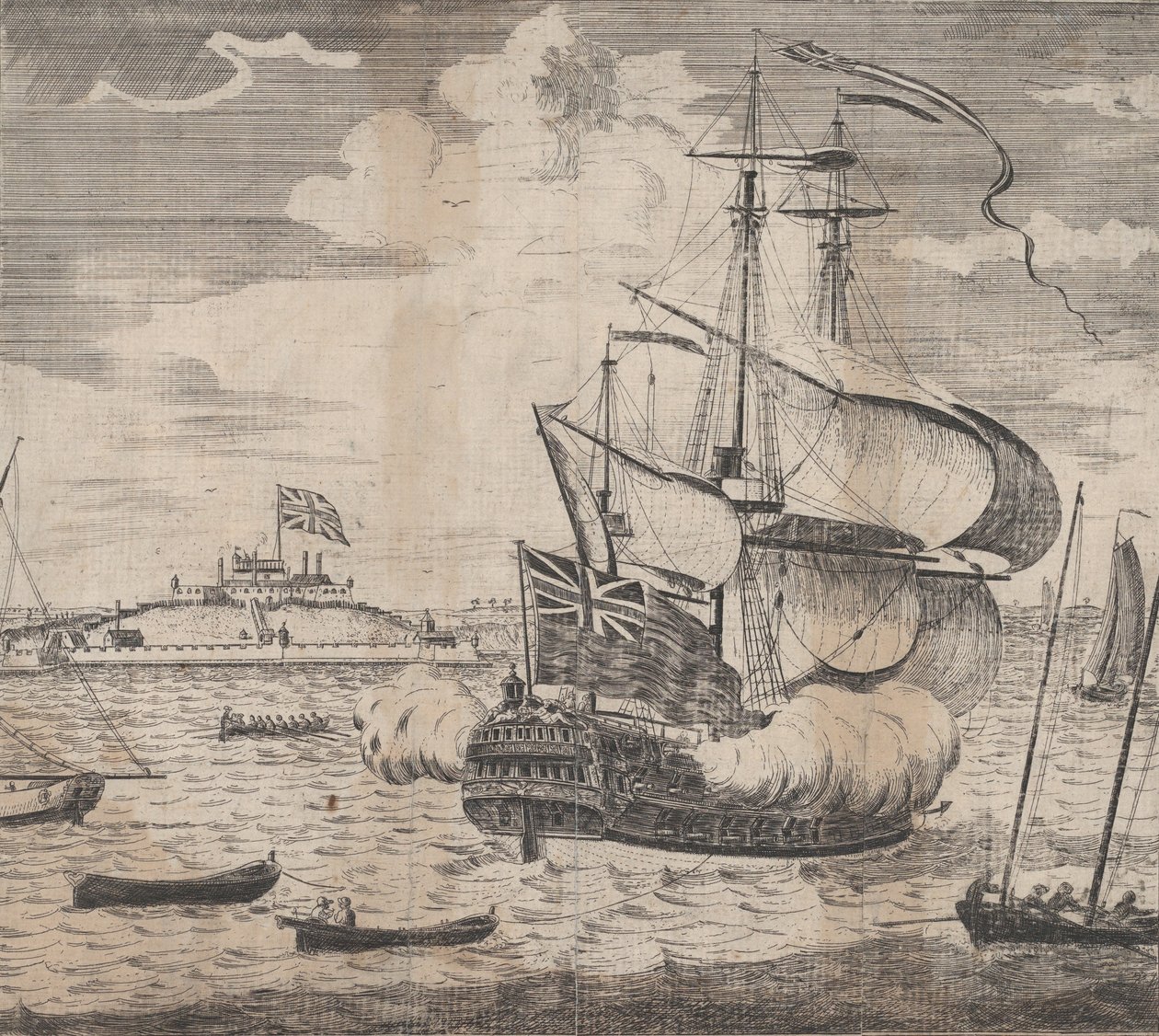 Een Uitzicht op Castle William bij Boston in New England, begin 18e eeuw door William Burgis.