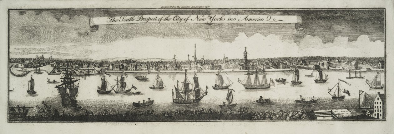 Het zuidelijke uitzicht op de stad New York, in Noord-Amerika, 1761 door William Burgis