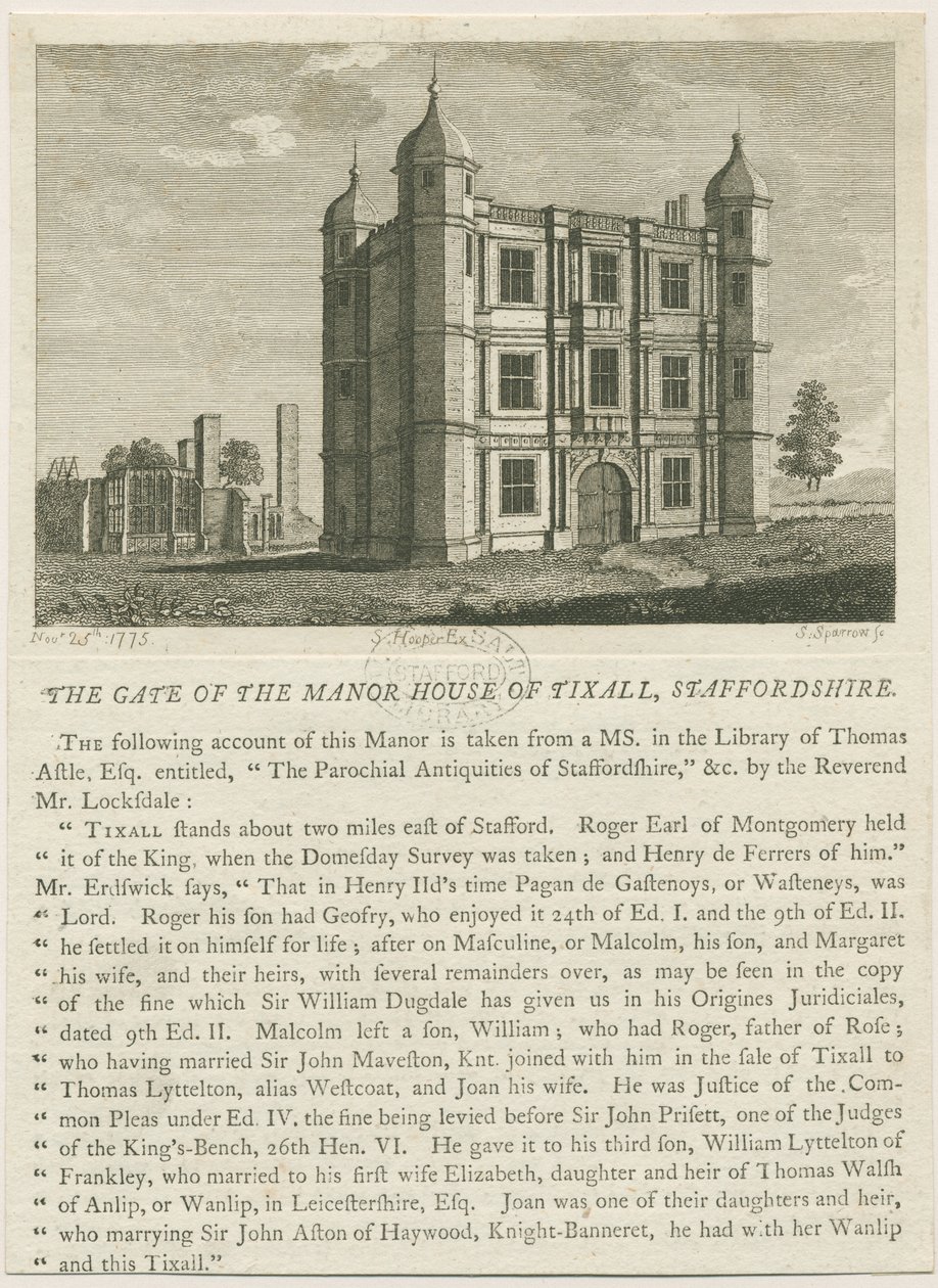 Tixall Hall - Poortgebouw (gravure) door William Carter