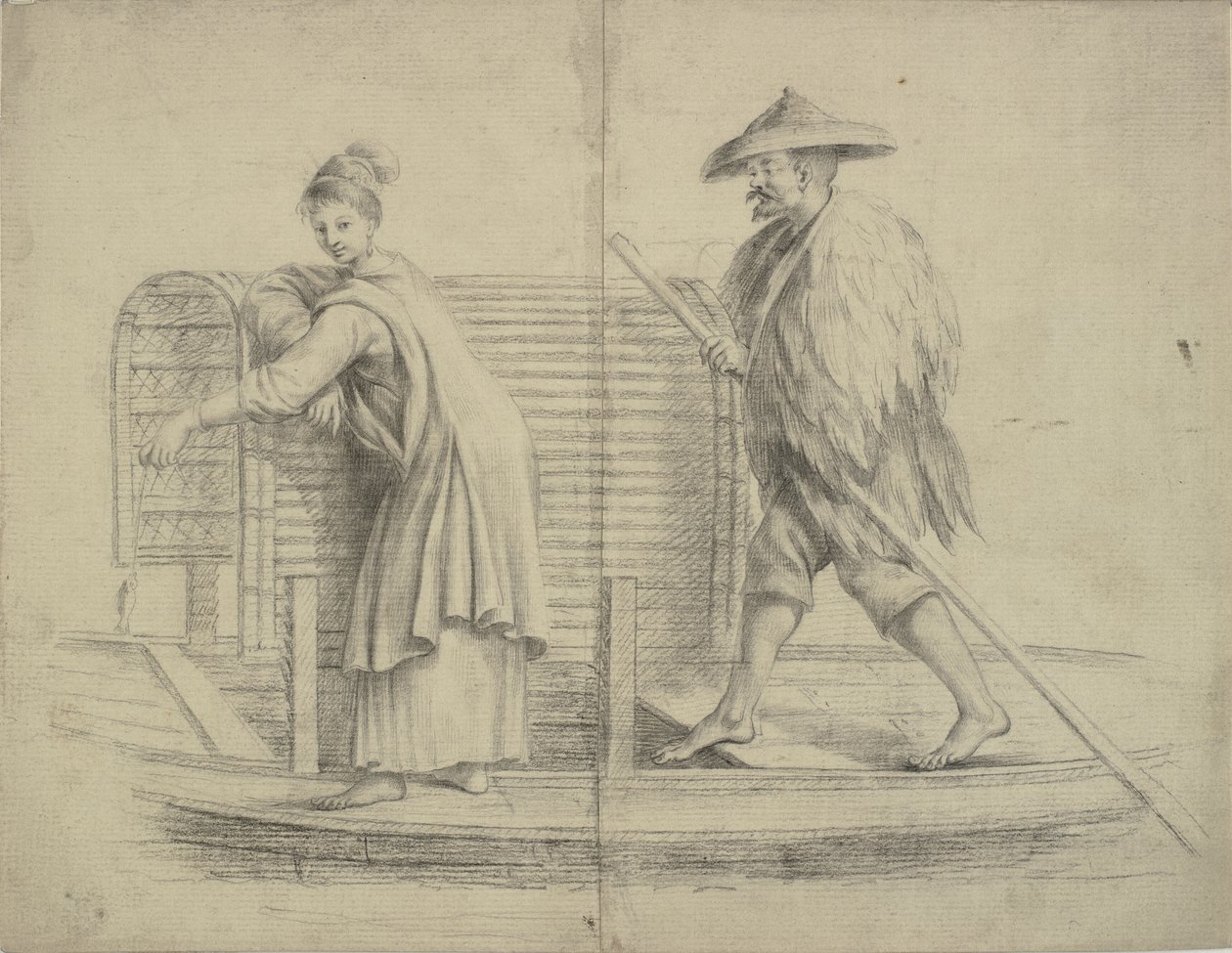 Chinese scène. Man en vrouw op een rivierboot door William Chambers