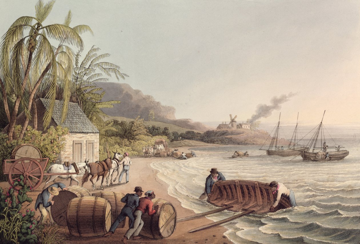 Laden van vaten rum en suiker, Antigua door William Clark