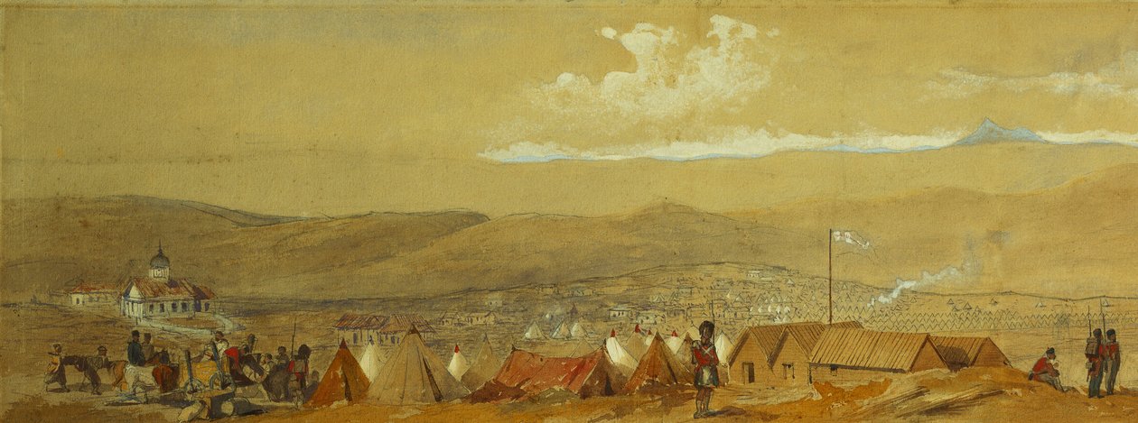 De Krim: Panoramisch uitzicht op Sebastopol met de militaire kampen en de haven; en een panoramisch uitzicht op Inkerman met een militair kamp en cavalerie bij zonsopgang door William Crimea Simpson