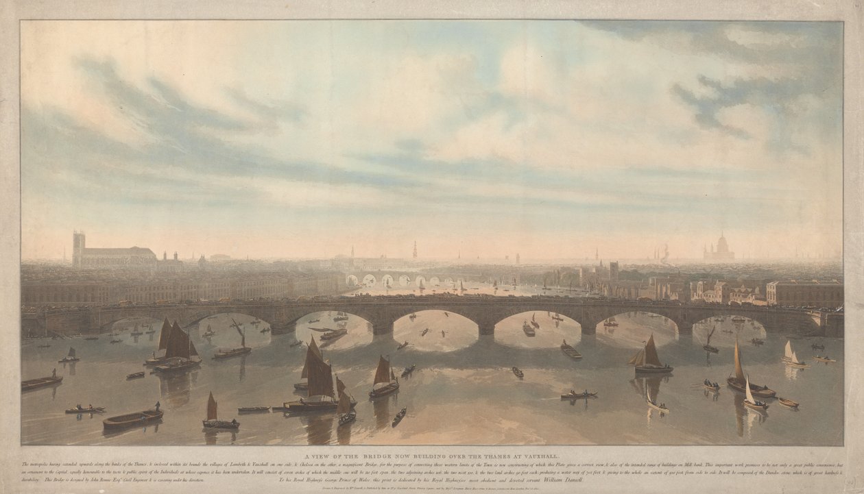Gezicht op de brug in aanbouw over de Theems bij Vauxhall door William Daniell