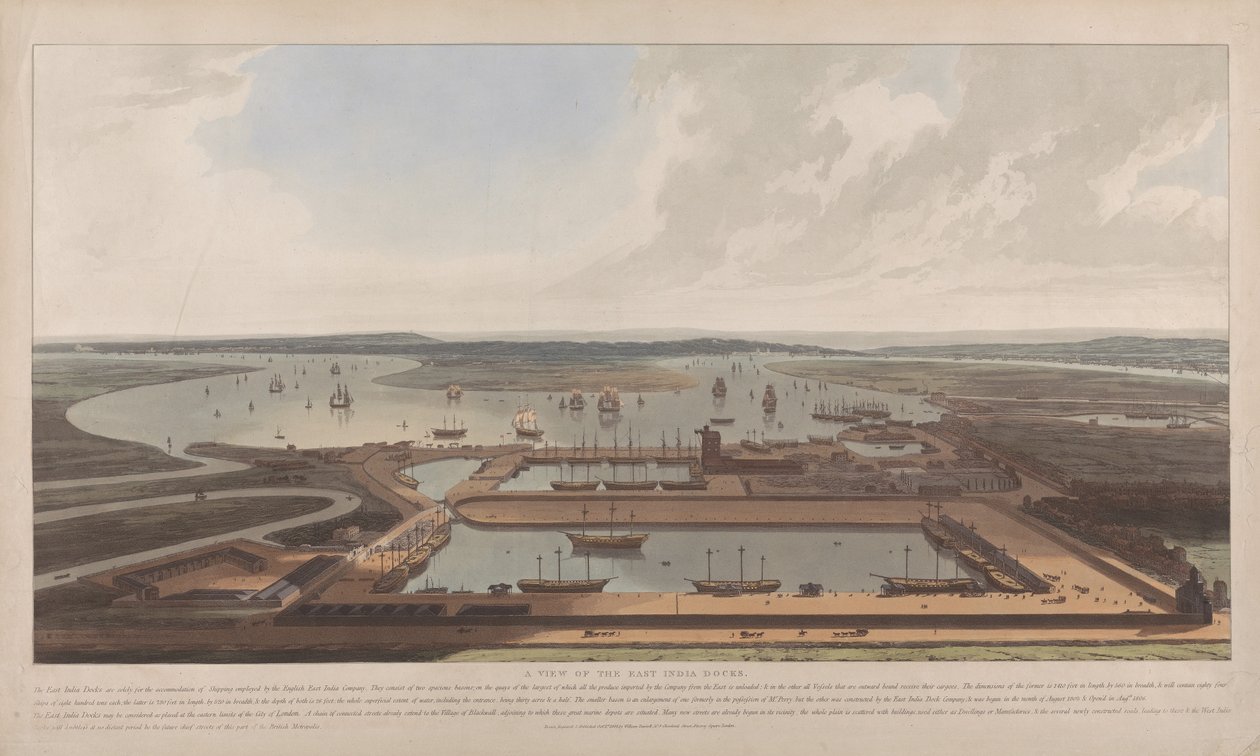 Een blik op de East India Docks door William Daniell