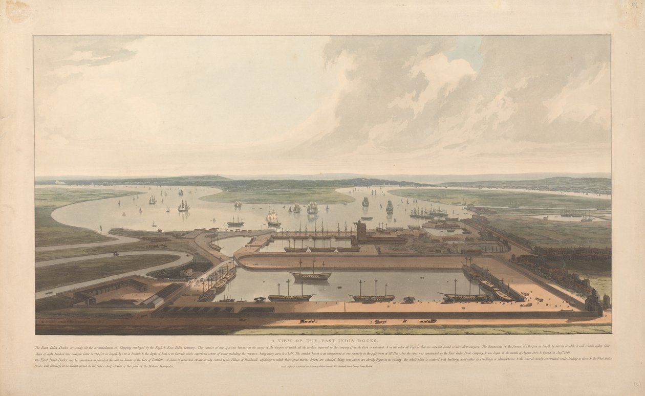 Gezicht op de dokken van de Oost-Indische Compagnie door William Daniell