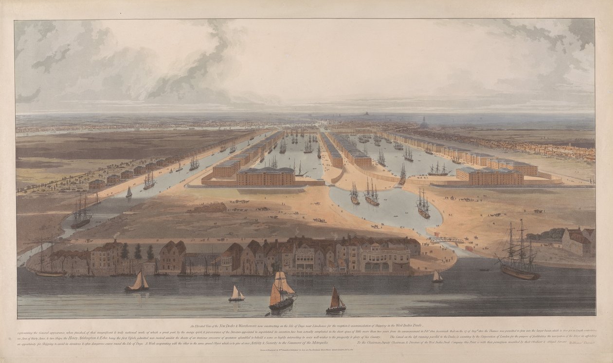 Een blik op de West India Docks door William Daniell