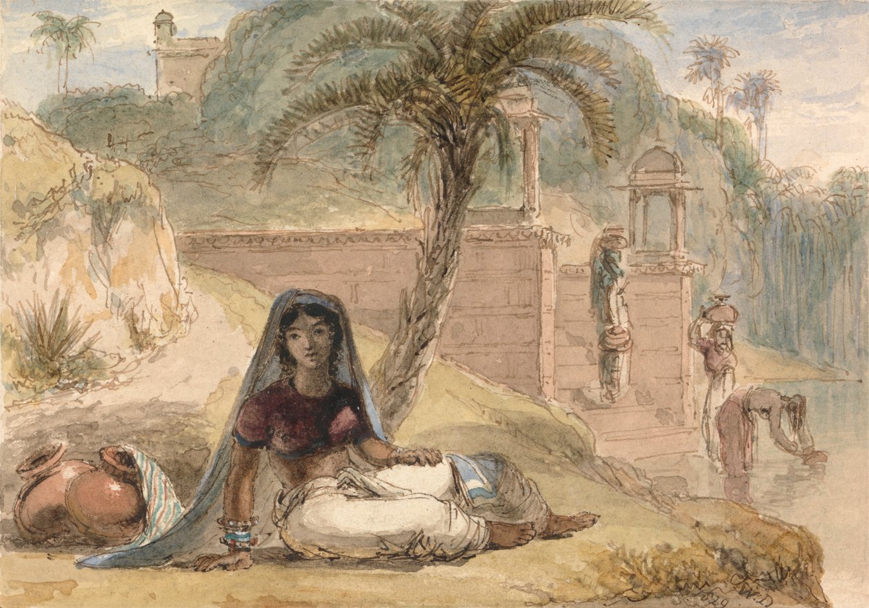 Indiaans Meisje Zittend bij een Rivier door William Daniell