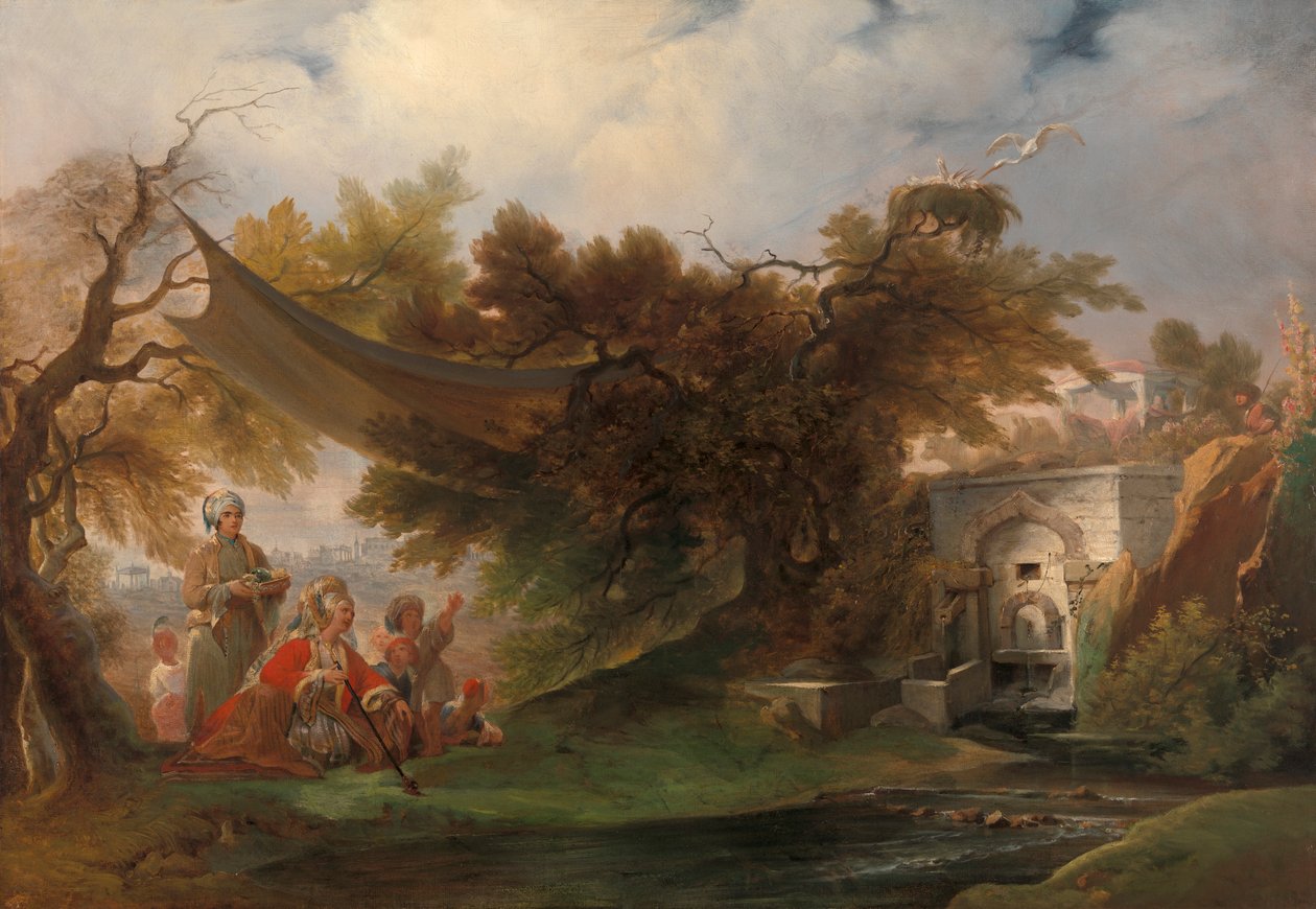 Indiaas landschap met figuren bij een stroom door William Daniell
