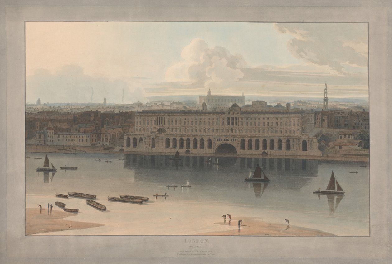 Plaat V: Londen, Somerset House (uit William Daniells’ *Six Views of London*; aan de kant van de Theems) door William Daniell