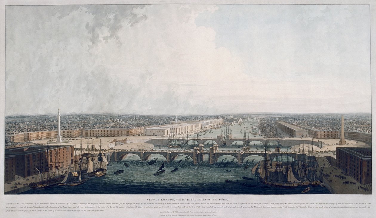 Voorgestelde London Bridge, Londen, 1802 door William Daniell
