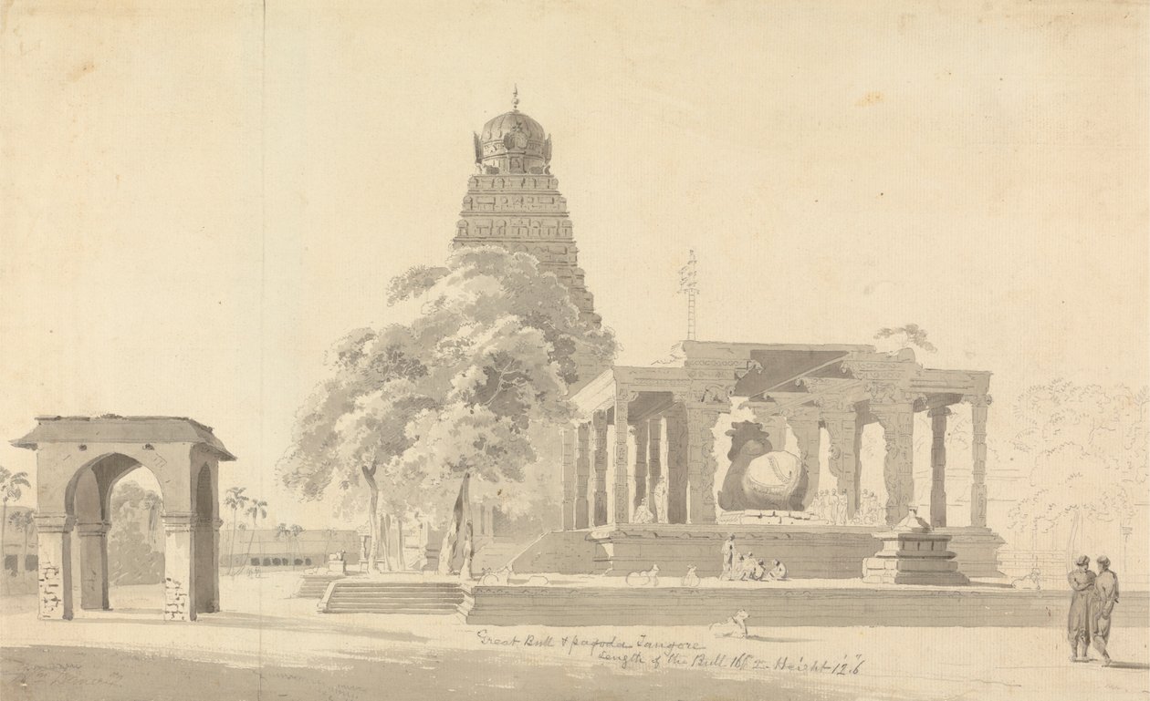 De grote stier en pagode in Tanjore door William Daniell