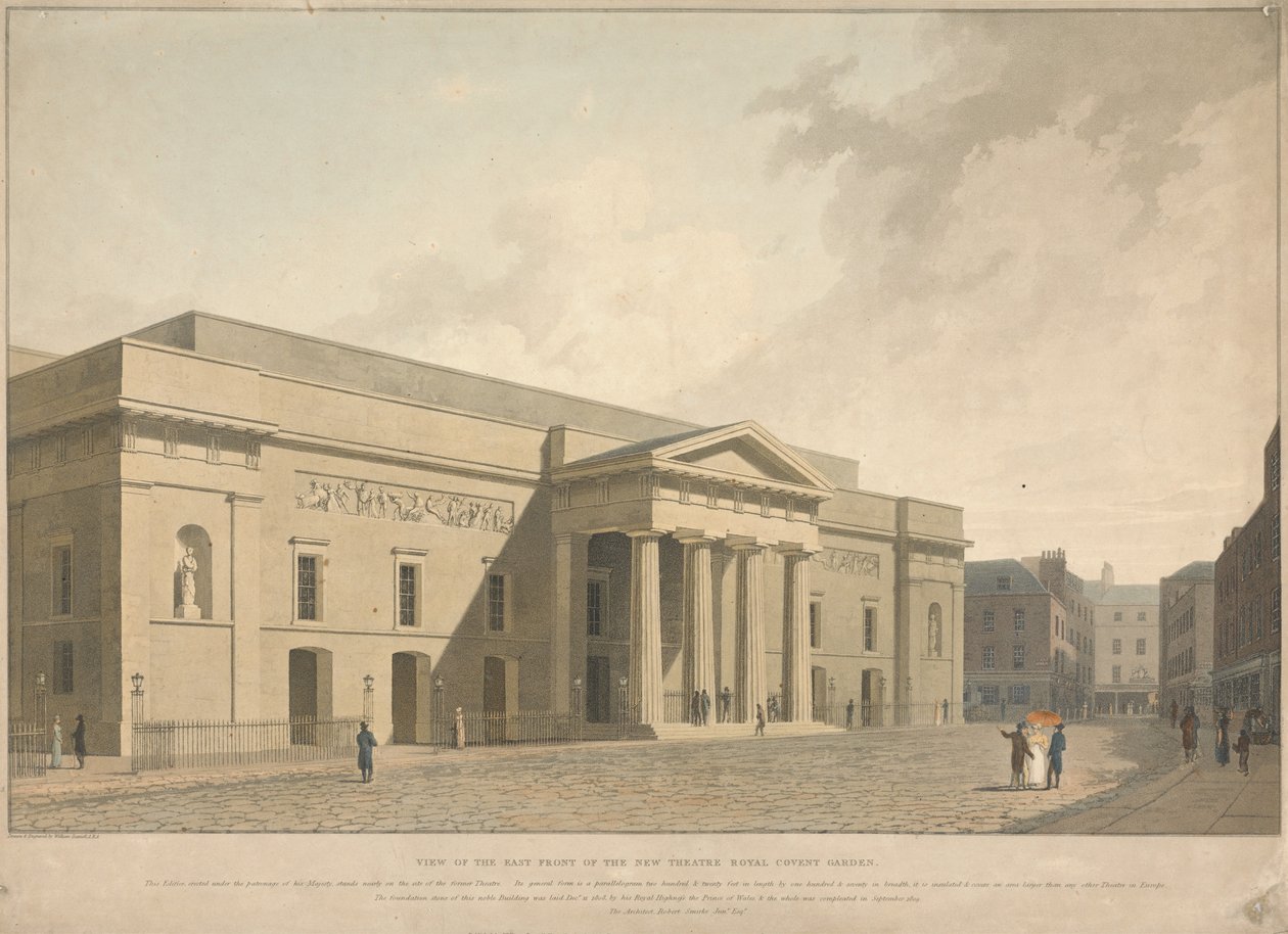 Gezicht op de oostgevel van het nieuwe Theatre Royal Covent Garden door William Daniell
