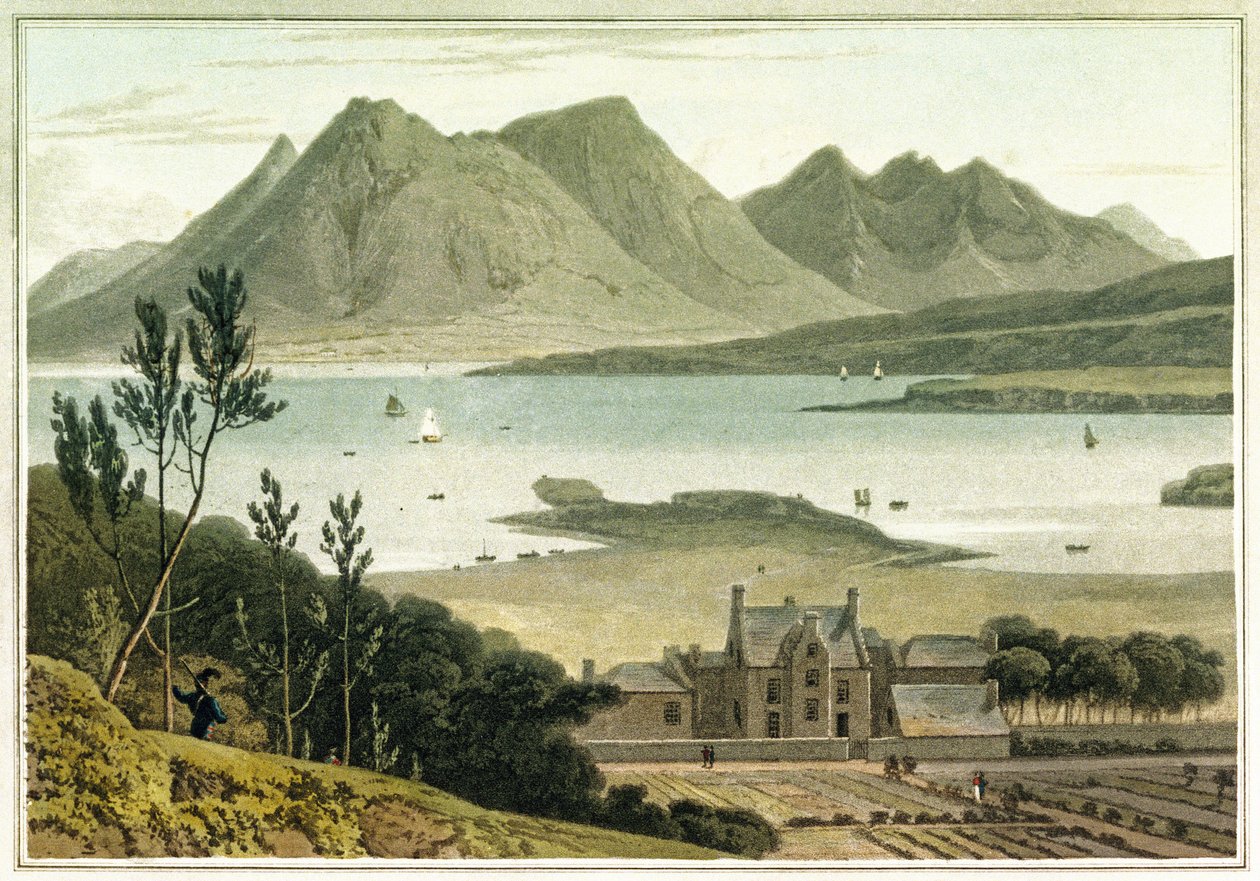 Westelijk uitzicht vanaf Raasay Island (Schotland), met beschrijving van een groot gebouw en de aangrenzende tuinen. Ets in kleuren door William Daniell door William Daniell