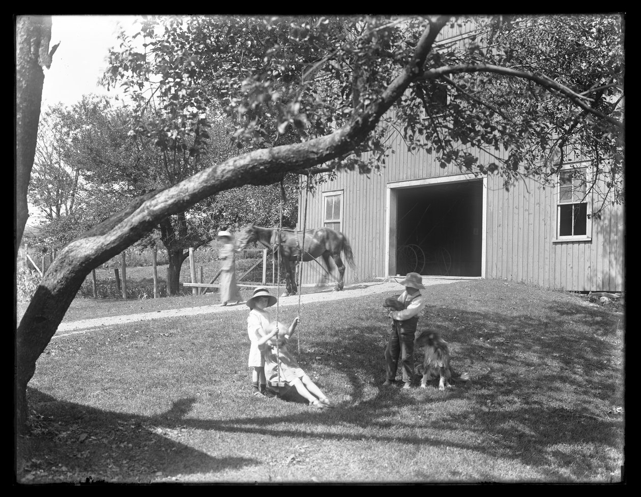 Kinderen van de McCready familie met een hond en puppy verzameld rond een touwschommel buiten een schuur, c.1913 door William Davis Hassler