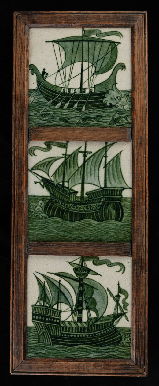 Tegelpaneel van schepen in volle zeil, in lijst, ca. 1865-80 door William de Morgan