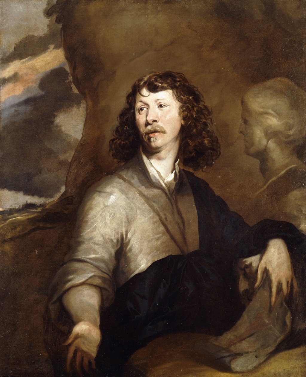Portret van een Heer, Mogelijk de Kunstenaar, Halflengte, in een Bruine Mantel en Blauwe Omslag, Naast een Marmeren Buste, in een Rotsachtig Landschap door William Dobson