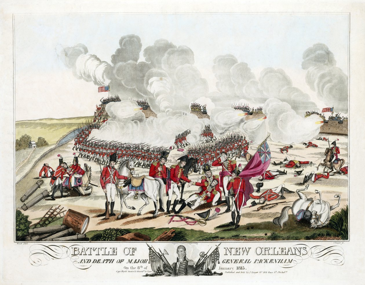 Slag bij New Orleans en dood van Generaal-majoor Packenham op 8 januari 1815, uitgegeven 1815 door William Edward (after) West
