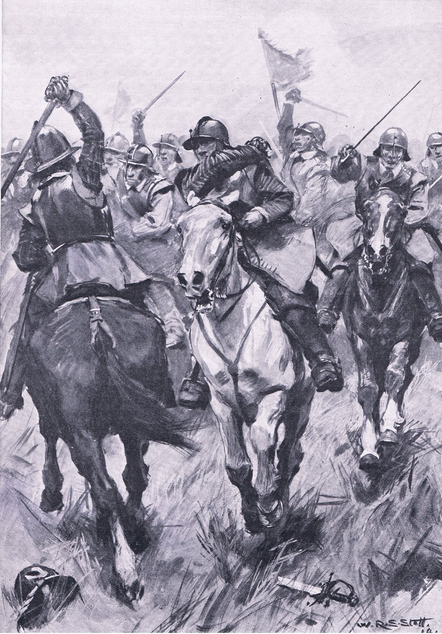 Het cavaleriegevecht bij Dunbar 3 september 1650, illustratie uit Britse gevechten op land en zee, 1915 door William Edward Stott