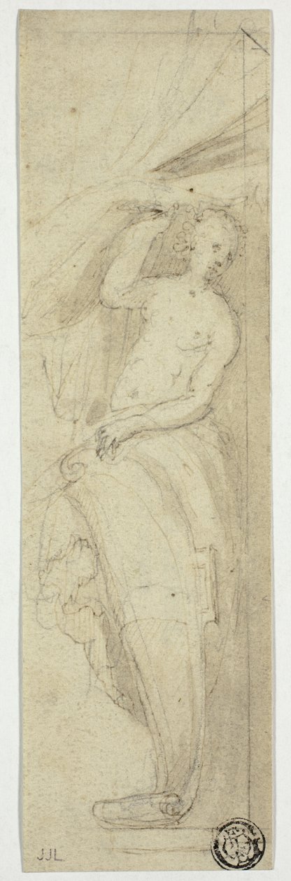 Vrouwelijke figuur trekt gordijn weg door William Etty