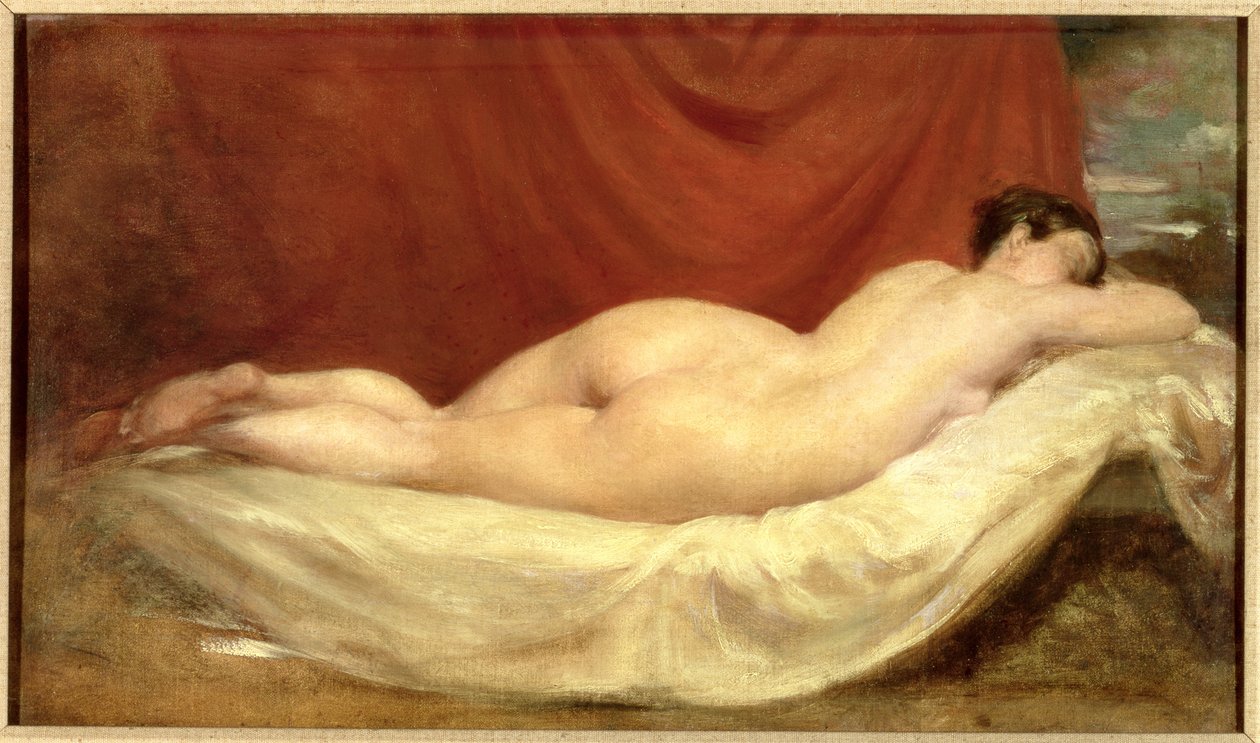 Naakt liggend op een sofa tegen een rood gordijn door William Etty