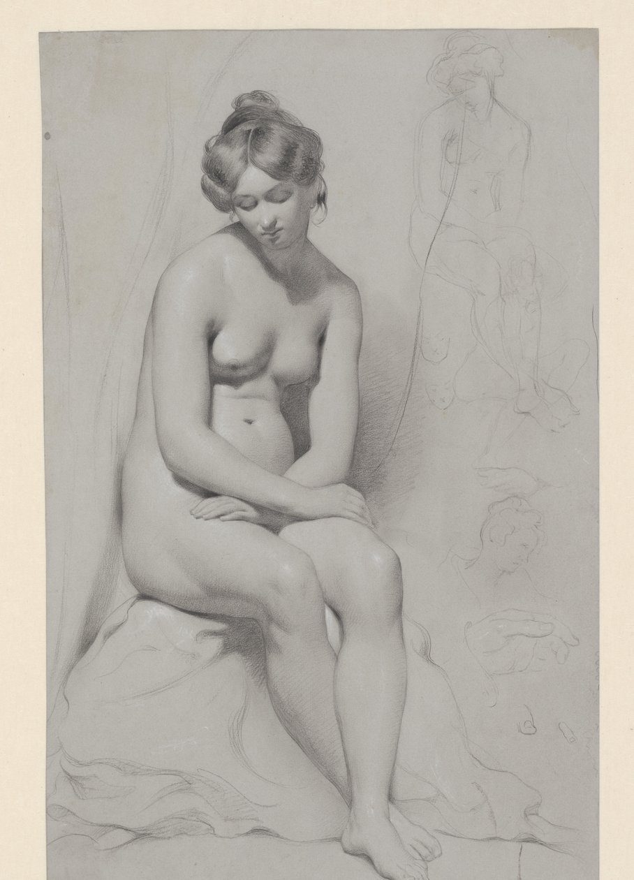 Zittend naakt vrouwelijk model met hoog kapsel, ernaast nogmaals geschetst door William Etty