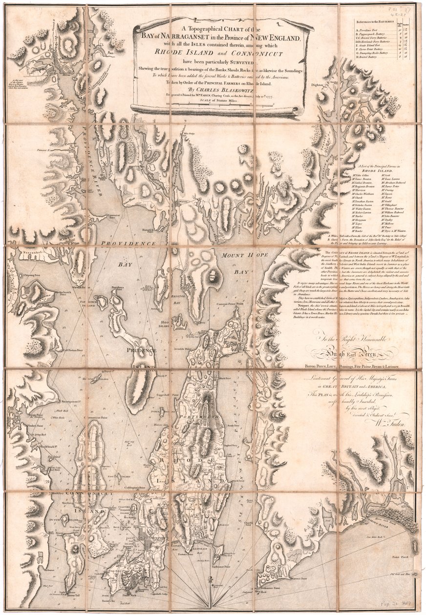 Een topografische kaart van Rhode Island door Blaskewitz door William Faden