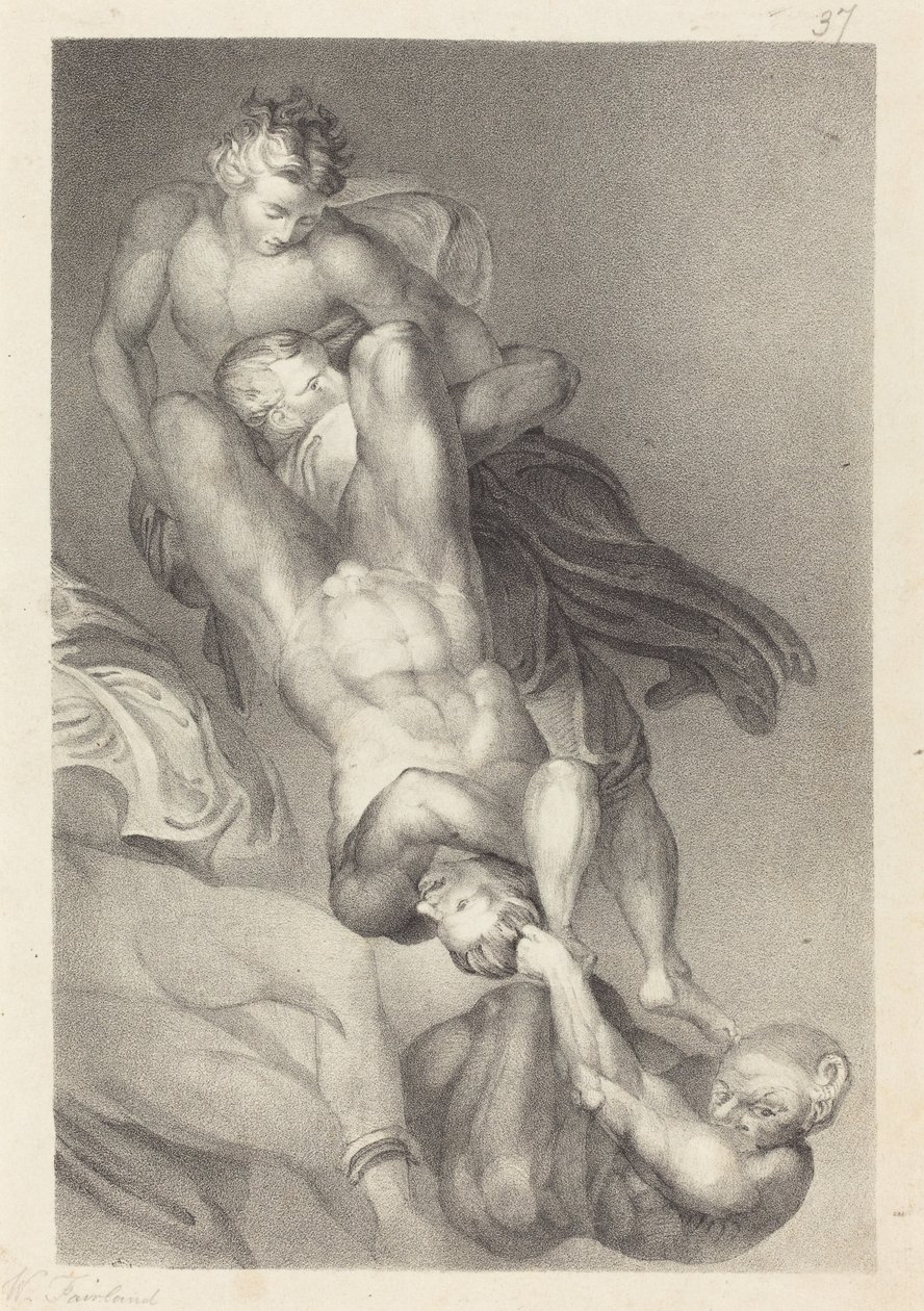 Deel van het Laatste Oordeel van Michelangelo door William Fairland after John Flaxman