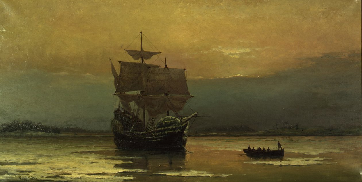 De Mayflower bij haar aankomst in Plymouth Harbor door William Formby Halsall