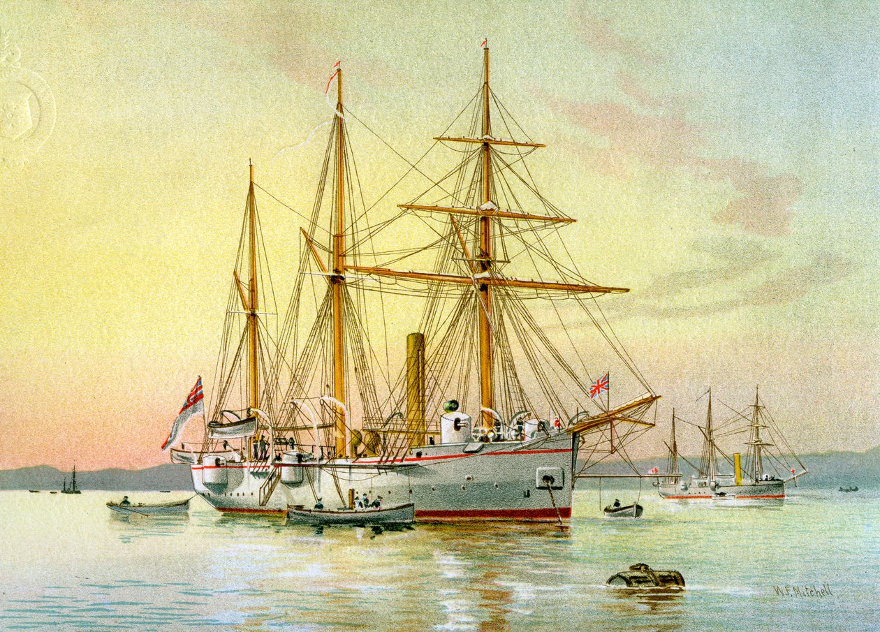 HMS Bramble, Royal Navy 1e klasse kanonneerboot, ca. 1890-ca. 1893 door William Frederick Mitchell