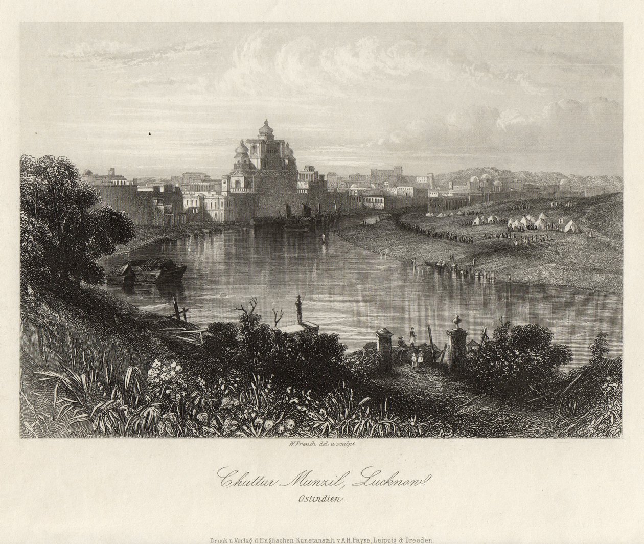 Algemeen zicht, aan de overkant van de Gomati, Chuttur Munzil, Lucknow. door William French