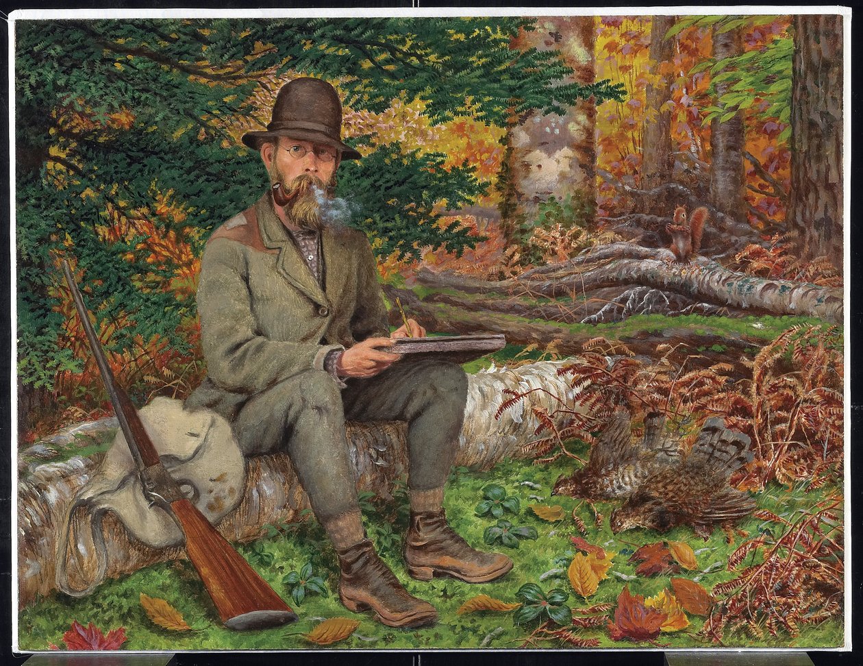 Zelfportret in Jachtuitrusting, ca.1875 (olie & grafiet op papier op gelamineerd vezelplaat) door William George Richardson Hind