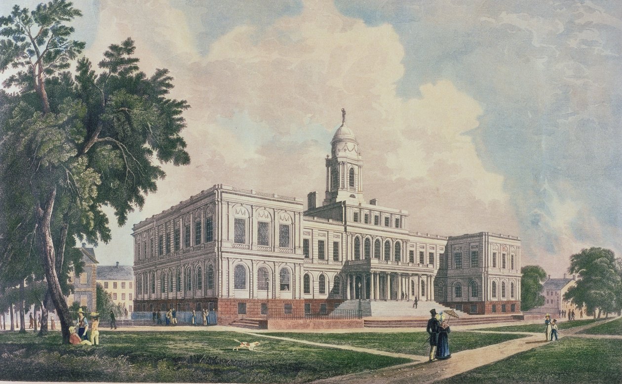 Stadhuis, gegraveerd, gedrukt en ingekleurd door I. Hill, 1826 door William Guy Wall