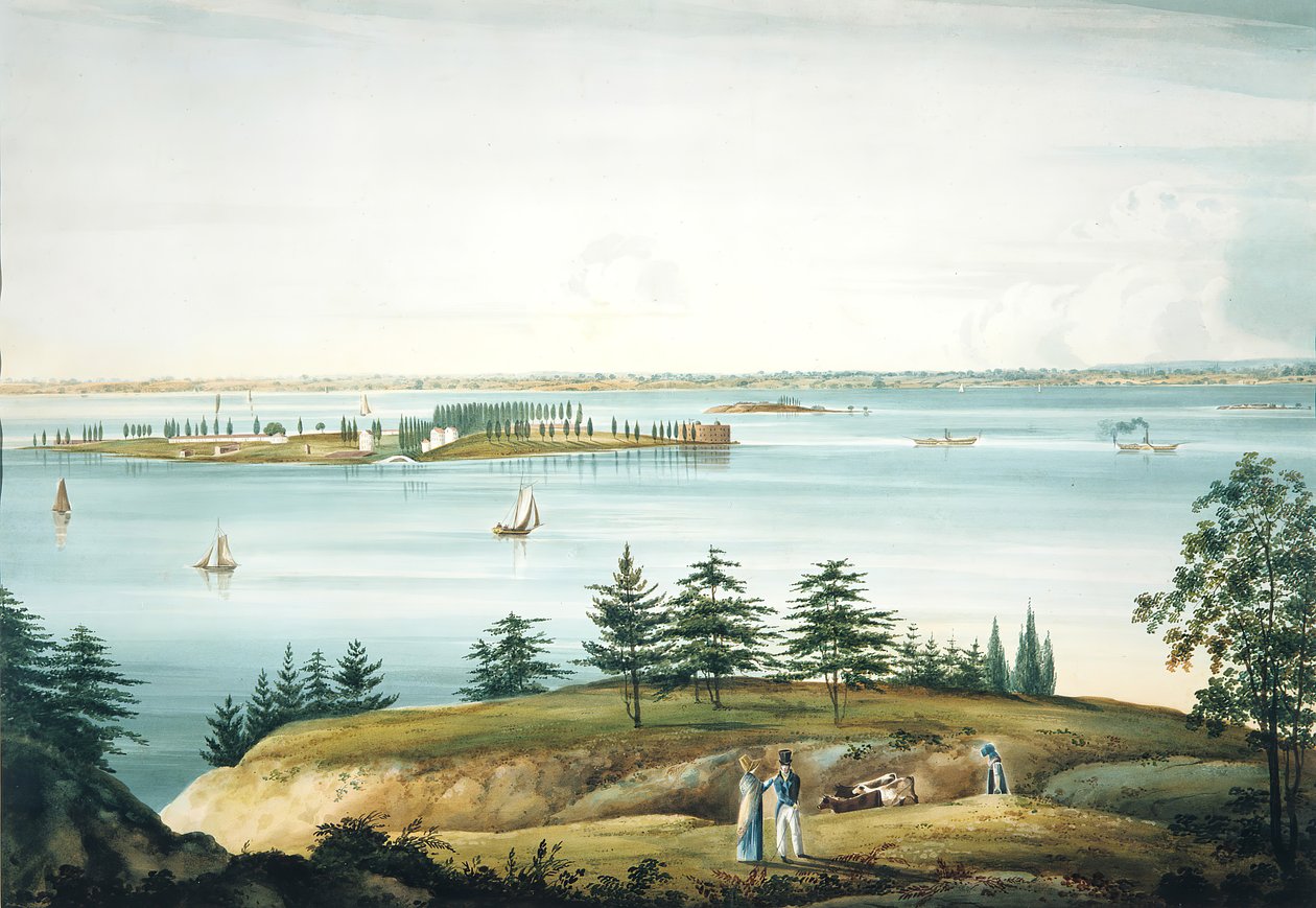 De baai van New York en Governors Island genomen vanaf Brooklyn Heights door William Guy Wall