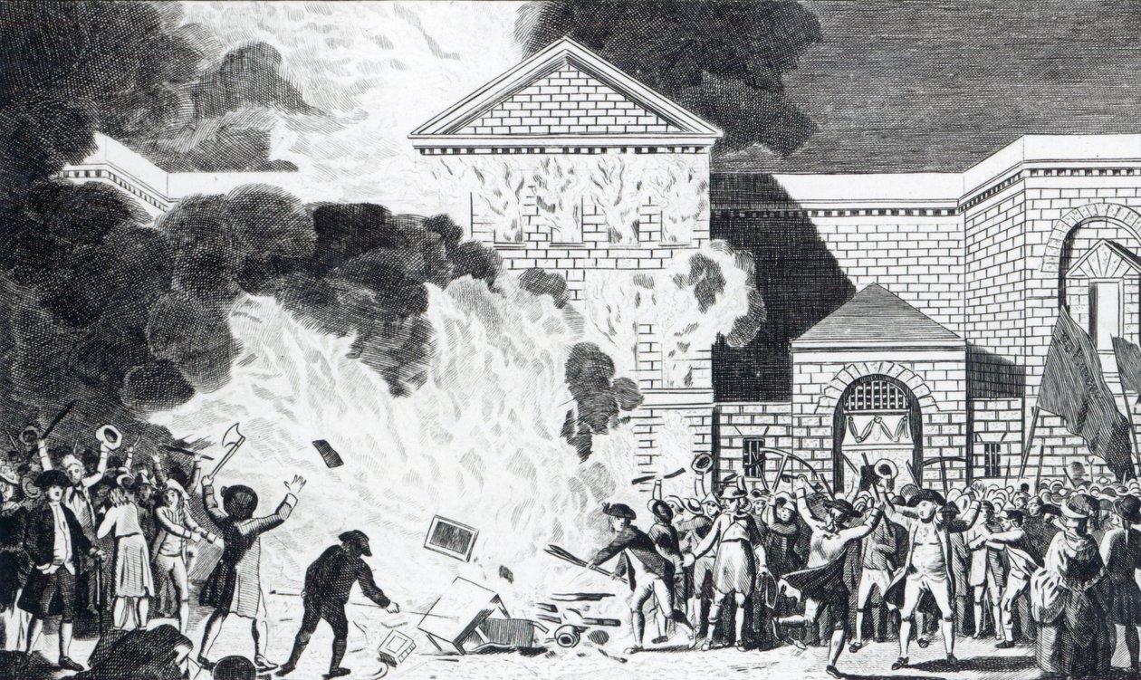 De verwoestingen veroorzaakt door de relschoppers van Londen die de nieuwe gevangenis van Newgate in brand steken en het meubilair van Mr. Akerman verbranden, 6 juni 1780, gegraveerd door T. Thornton door William Hamilton
