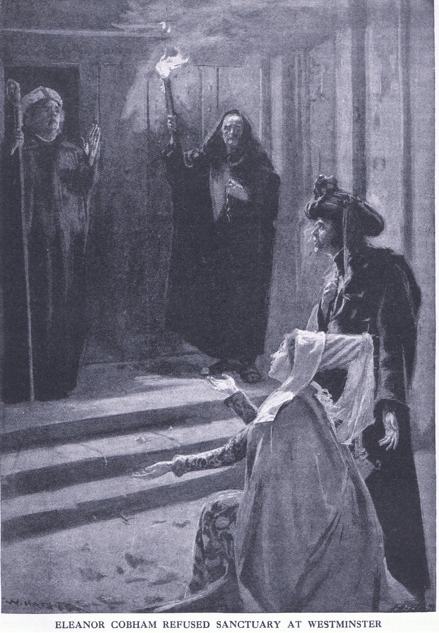 Eleanor Cobham geweigerd asiel in Westminster, uit Cassells History of the British People gepubliceerd door de Waverley Book Company Limited, ca. 1940 door William Hatherell