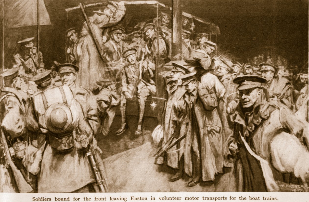 Scènes van aangrijpende vreugde en pathos op de grote treinstations van Londen, 1914-19 door William Hatherell
