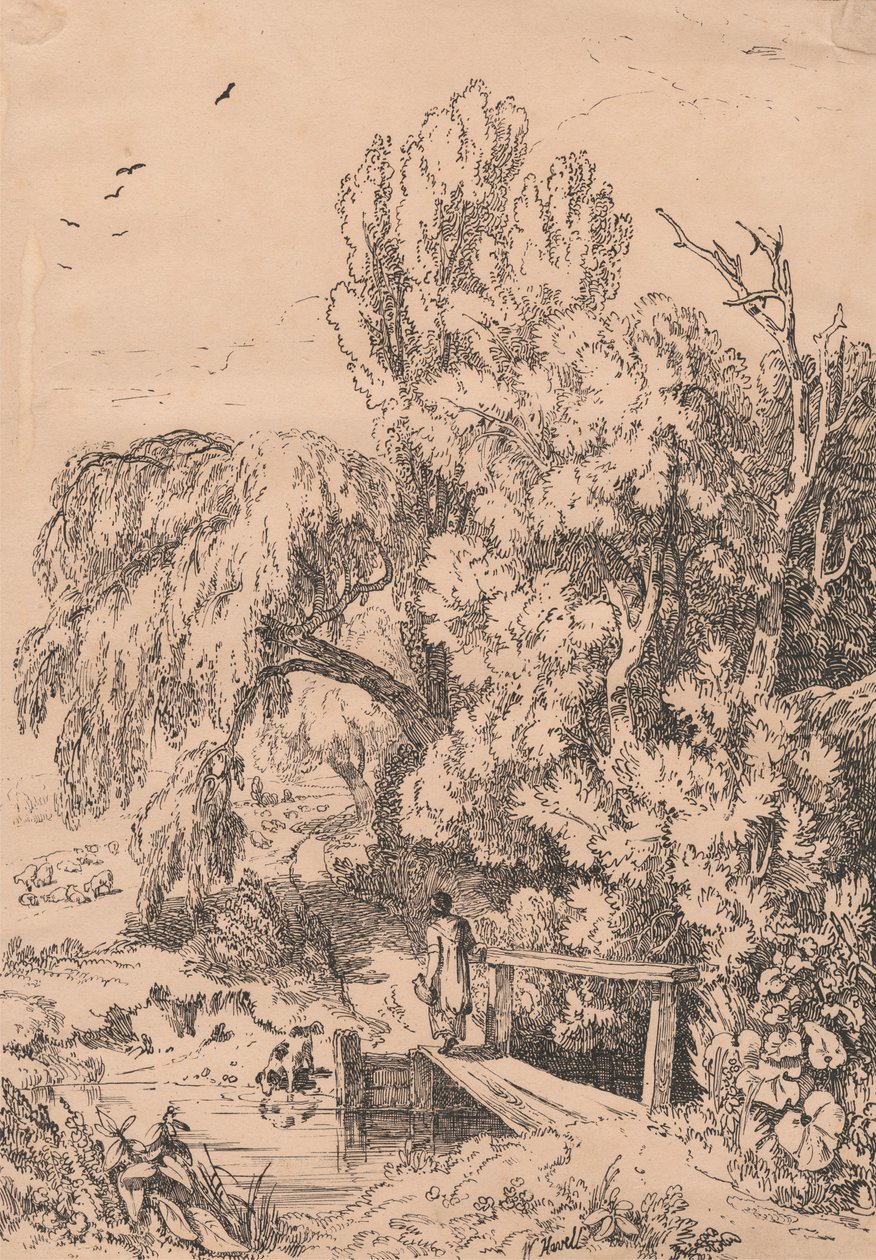 Landschap met Bomen, Meisje dat Voetbrug Oversteekt door William Havell