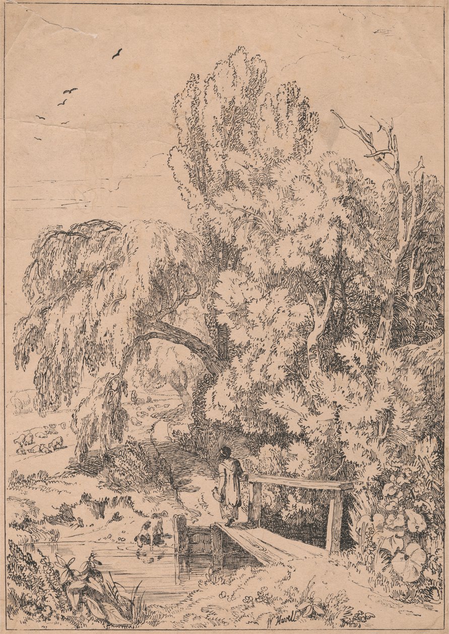 Landschap met Bomen, Meisjes die Voetbrug Oversteken door William Havell