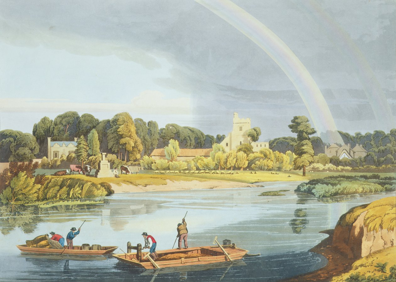Staines Church met City Stone aan de oevers van de rivier, gegraveerd door Robert Havell de Jongere, gepubliceerd 1818 door William Havell