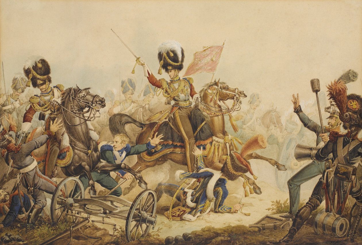 1st Life Guards aanvallende Franse artillerie bij de Slag bij Waterloo in 1815, 1820 door William Heath