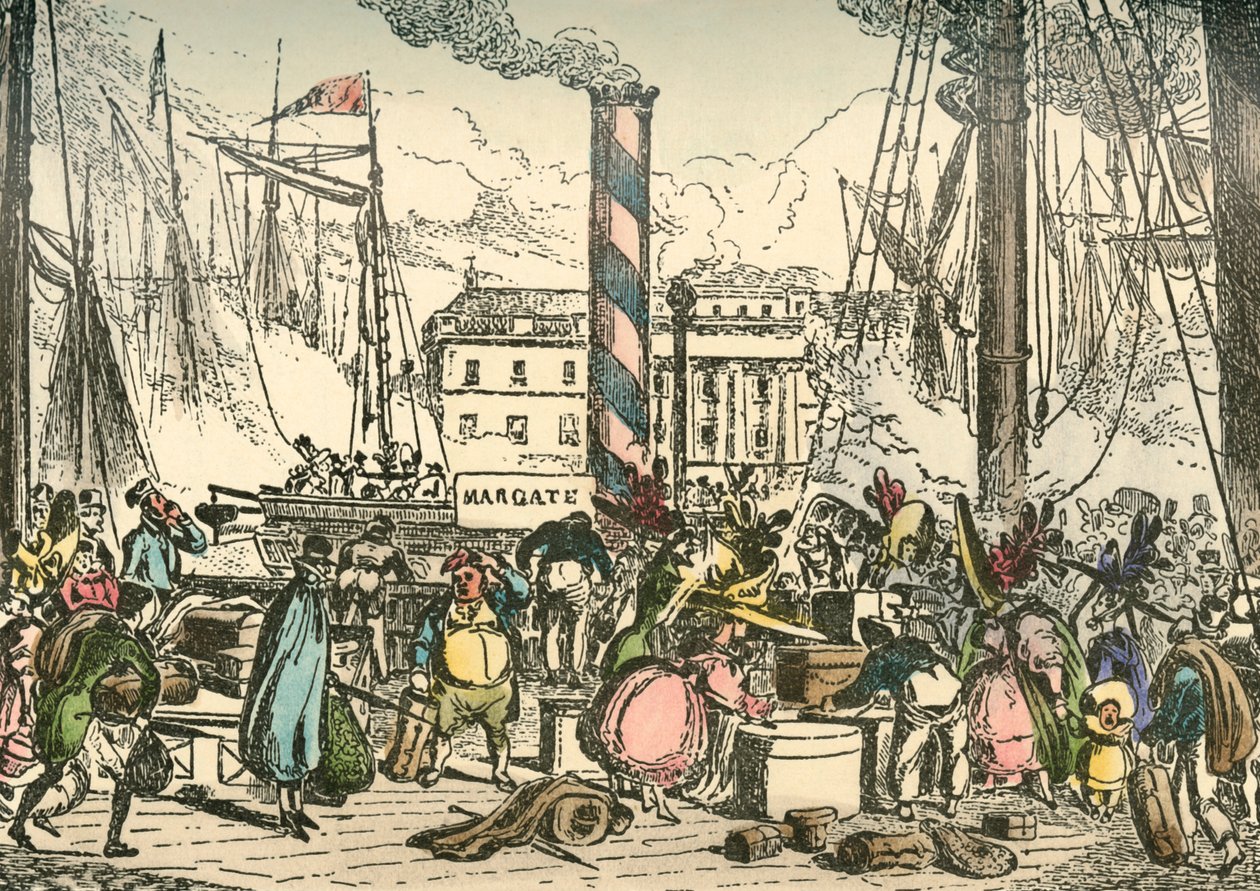 Aan boord gaan van de Margate stoomboot bij London Bridges Wharf door William Heath