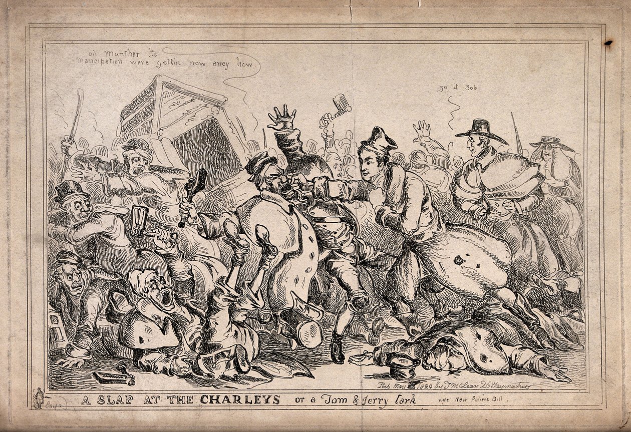 Robert Peel als vechtersbaas die nachtwakers aanvalt met de bedoeling hen te vervangen door de politie. Ets van Paul Pry (W. Heath). door William Heath